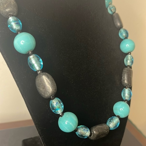 Vintage Blue Glass and Black Stone Beaded Chunky Necklace - Picture 2 of 4